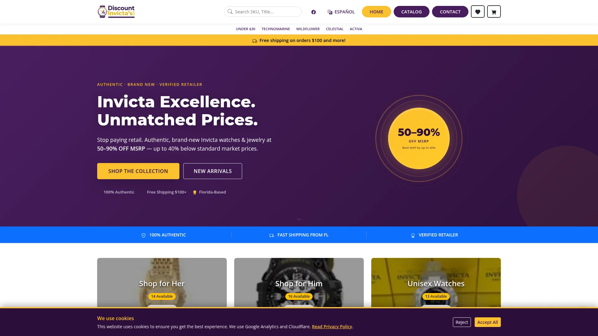 Screenshot of the Discount Invicta's homepage
