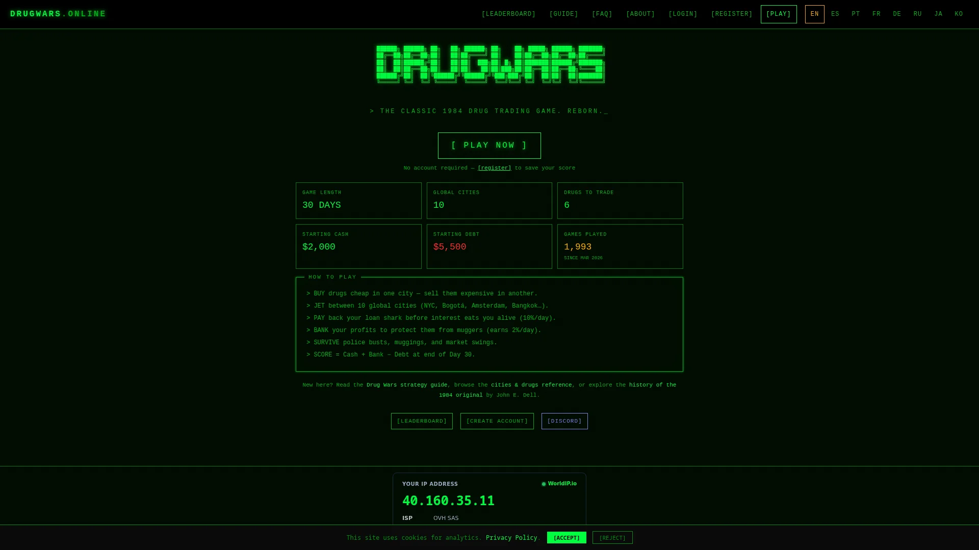 Screenshot of the Drugwars Online homepage