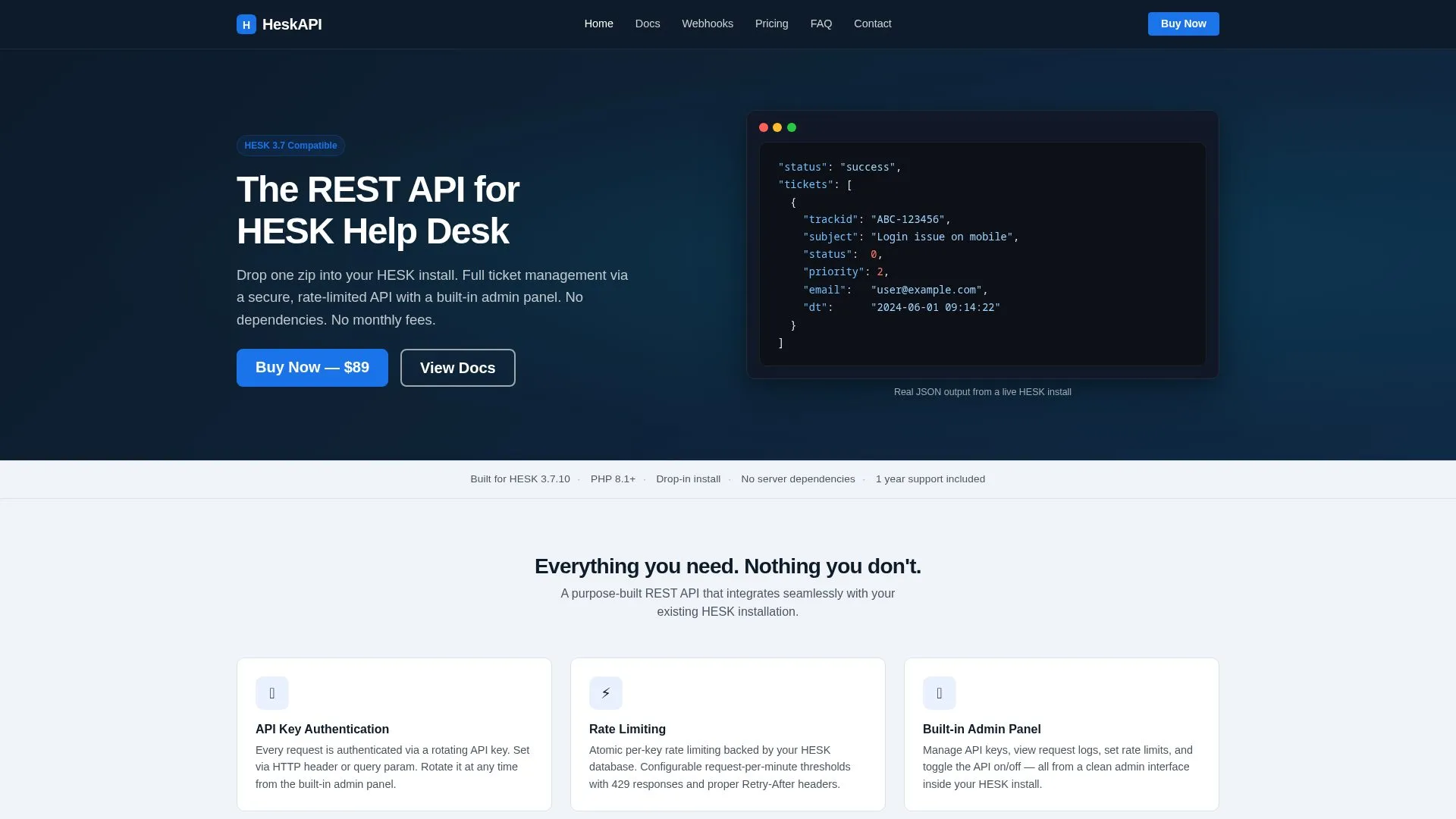 Screenshot of the HeskAPI homepage