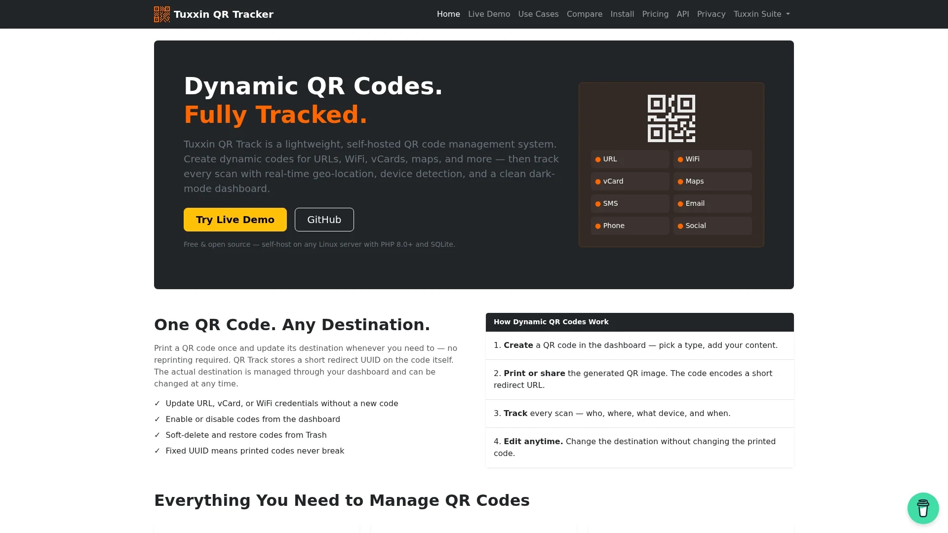 Screenshot of the QR Code Tracker homepage
