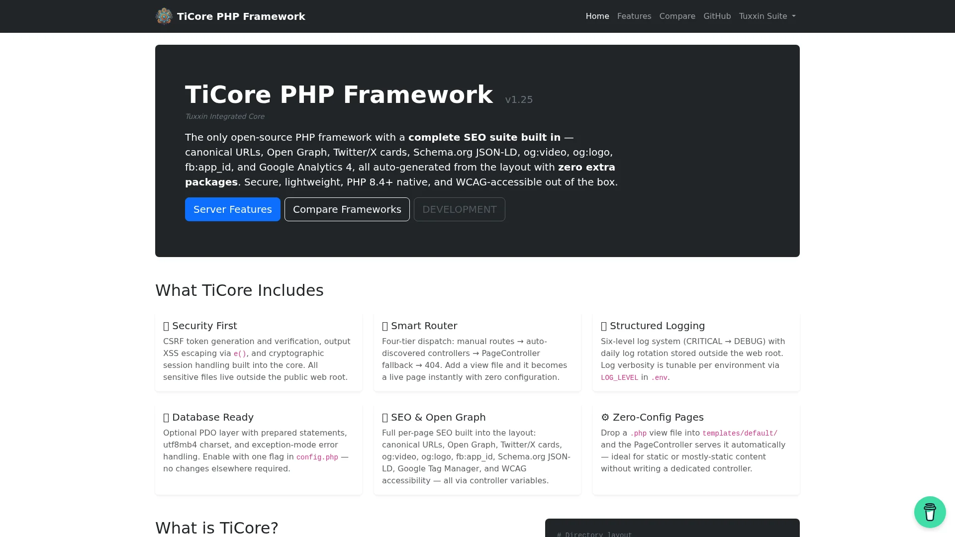 Screenshot of the TiCore homepage