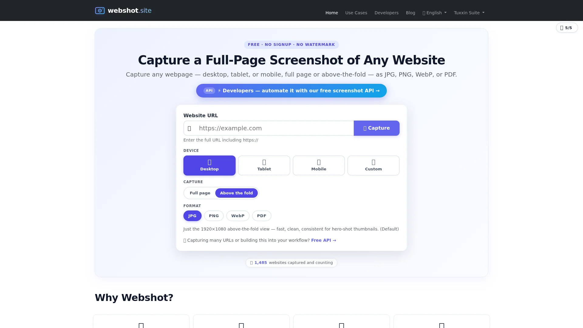 Screenshot of the Webshot homepage