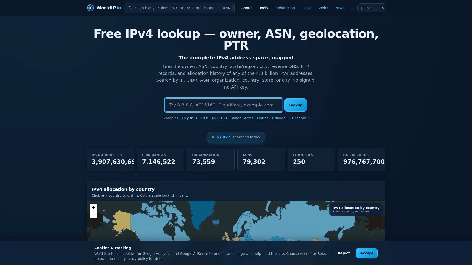 Screenshot of the WorldIP.io homepage