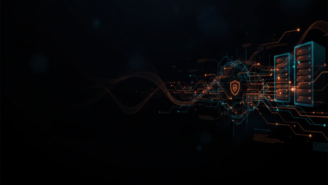 Illustration of a security shield connected to server racks