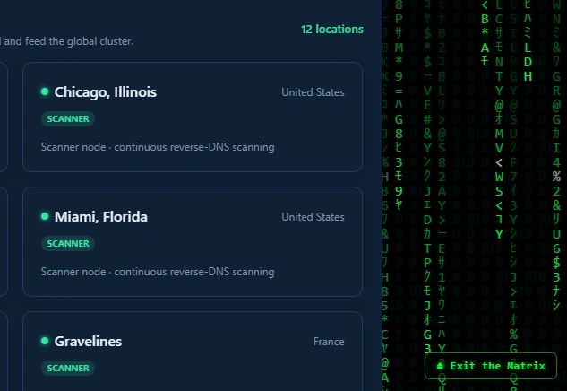 The lower right corner of the WorldIP.io infrastructure page: location cards for the scanner fleet, columns of green Matrix-style characters on the right edge, and an Exit the Matrix button.